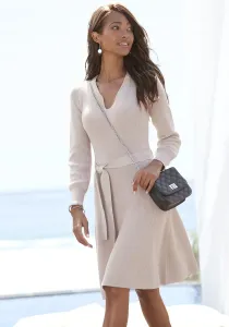 LASCANA трикотажное платье (с поясом) и V-образным вырезом, платье осень-зима, повседневно-элегантное, бежевый
