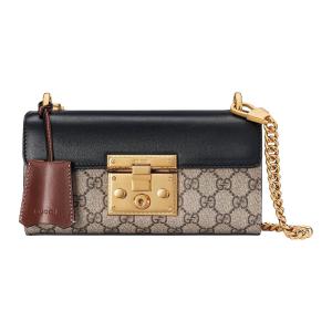 GUCCI Замок холщовая сумка через плечо с кожаной отделкой мини женская бежевая эбеновая черная