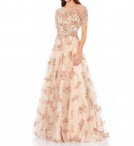 Шифонное платье-трапеция с короткими рукавами и декоративными элементами в цвете шампань Mac Duggal, Champagne