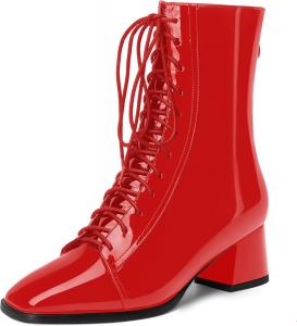 Женские ботинки WAYDERNS с квадратным носком, на шнуровке, с массивным невысоким каблуком 2 дюйма, лакированные, для походов и путешествий, с высоким голенищем, Red