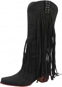 Женские ковбойские сапоги IWIHMIV, западные ботильоны с заостренным носком, низким массивным каблуком, кисточками, широкие голенища, высокие сапоги на подъем, Black