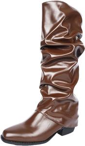 Generic Черные сапоги с отворотом для женщин: модные мягкие высокие ботильоны до колена, носить легко, с пристраиваемым клиновидным каблуком, ковбойские с заостренным носком