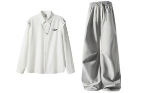 Повседневная спортивная одежда Unisex Lapel Thin X1617, белый long-sleeved shirt+светло-серый pants