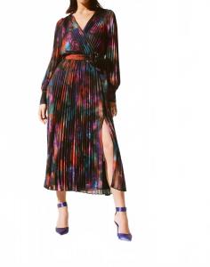 Черное плиссированное платье миди из шифона с разноцветным принтом Joseph Ribkoff
