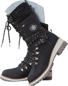 Женские вязаные сапоги средней длины до икры, зимние теплые, на шнуровке, для улицы, повседневные ковбойские сапоги, с круглым носком, нарядные зимние ботильоны Generic, Black