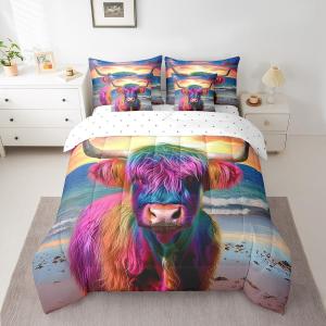 Erosebridal Комплект постельного белья Rainbow Highland Cattle с реверсивным дизайном в морском стиле, Purple