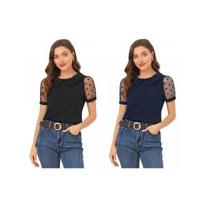 Комплект из 2 комплектов женских винтажных блузок с сетчатыми рукавами в горошек и воротником Питера Пэна, с короткими рукавами ALLEGRA K, цвет Black Navy Blue