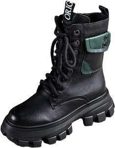 No Brand Женские ботинки на щиколотку, осень и зима, модный стиль мото, толстая подошва, удобные, на шнуровке с молнией, утепленные на платформе, массивный каблук (черные, 7,5)