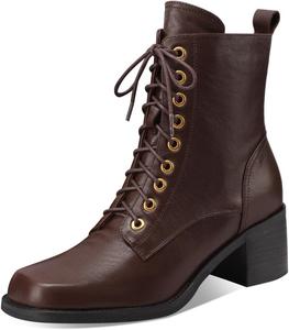 Женские короткие ботинки TinaCus из натуральной кожи, ручная работа, с квадратным носком, массивным каблуком, молнией и шнуровкой, Dark Brown