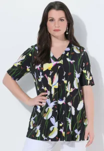 Футболка с принтом «ирис» из эластичной ткани. Ulla Popken, Black