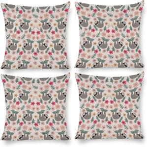 Kazynee Комплект постельного белья из 4 хлопковых льняных наволочек с мультяшным ленивцем для декора дивана
