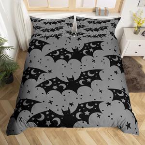 Erosebridal Комплект постельного белья Halloween Bats Queen с черно-серым узором звезд и луны в готическом стиле для детей и подростков, Black and Grey