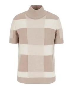 Пуловер в клетку, короткие рукава, ребристая отделка. Emporio Armani, бежевый