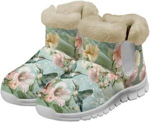 Легкие теплые зимние ботинки Jeiento для женщин, модные рабочие ботильоны, утепленные внутри, комфортные зимние плюшевые ботинки, Green Hummingbirds Floral Flowers