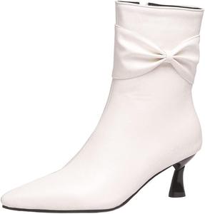Женская мода: короткие ботильоны с боковой молнией, заостренным носком и средним каблуком 5,5 см, лаконичным бантом LYYSKY, White(22-23)