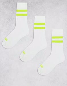 3 пары беговых носков с двумя полосками, эластичной поддержкой свода стопы и антибактериальной отделкой, белые с неоново-желтой полосой 4505