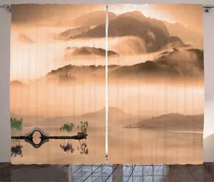 Штора ABAKUHAUS Art Rustic, Китайский морской пейзаж, спальня, присборенная тесьма, с петлями и крючками, 280 x 245 см, персиковый Abakuhaus