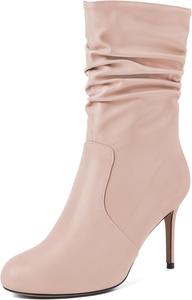 Женские ботильоны Soireelady с высоким каблуком, свободным верхом, круглым носком и шпилькой, молния сбоку, средней высоты, удобные нарядные ботинки на каблуке 3,5 дюйма, Matte Nude