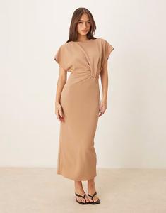 Платье миди с короткими рукавами и перекруткой спереди ASOS DESIGN бежевое