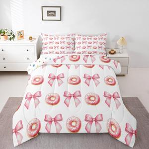 Erosebridal Комплект постельного белья Pink Bow Donut для девочек с милыми розовыми бантами в десертной тематике кавай, White Pink