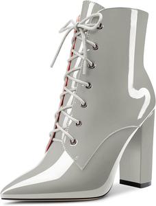 Женские ботильоны Aachcol, короткие ботинки с закрытым заостренным носком, на массивном высоком каблуке, лакированные, на шнуровке, каблук 4 дюйма, Grey