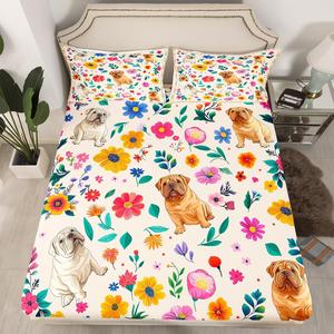 Erosebridal Фиттед простынь с изображением собаки Шарпей в стиле бохо с цветочным принтом, бежевая, Beige Red Yellow Green Blue Purple White Brown