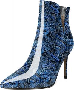Женские ботильоны YODEKS с острым носком и высокими каблуками-стилет, удобные ботинки с вырезами и молнией сзади, короткие зимние ботильоны с V-образным вырезом, Patent Flower Blue