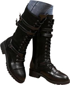 Женские высокие сапоги до колена с рифленой подошвой, кожаные мотоциклетные длинные сапоги, низкий устойчивый каблук, модная боковая молния, винтажные зимние сапожки, плоский каблук, удобные высокие сапоги, осенняя обувь JYSwoshoe, B-Black