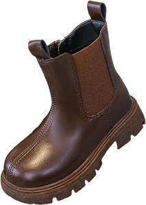 Детские базовые однотонные боевые ботинки для девочек с боковой молнией, подошвой Lug, короткие зимние повседневные легкие ботиночки Generic, Brown