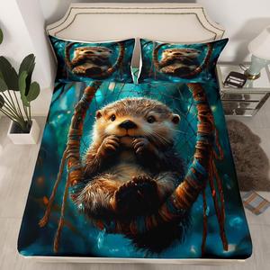 Erosebridal Комплект постельного белья Dream Catcher с бохо-узором из перьев и морскими животными, Brown Blue