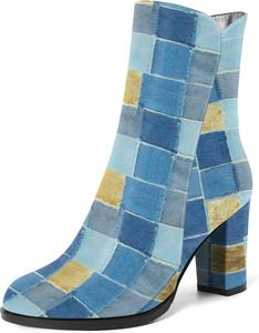 Женские офисные ботильоны NUMALEO с круглым носком, на молнии, лаковые, с высоким блочным каблуком 3,3 дюйма, Denim Plaid