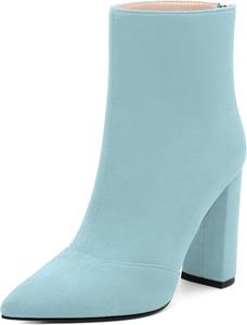 Женские ботильоны JUSTDANNI с заостренным носком, 3,9-дюймовым высоким массивным каблуком, удобные короткие ботинки с задней молнией для вечеринок, покупок, свиданий и повседневной носки, Light Blue