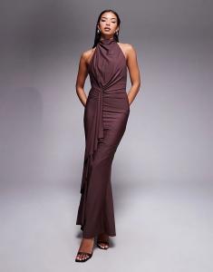 Платье макси из джерси ASOS DESIGN с высоким воротом, драпировкой и оборками коричневого цвета
