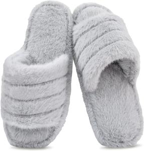 Женские мягкие плюшевые тапочки Rosoz с эффектом памяти, противоскользящей тонкой подошвой, для дома и спальни, для улицы и дома, с открытым носком, Grey-a