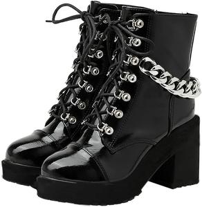 Женские ботильоны Uniquelly из лакированной кожи с массивным высоким каблуком, толстой платформой, цепочками, круглым носком, шнуровкой, зимние, Black