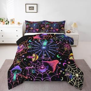 Erosebridal Комплект постельного белья Happy Halloween с паутиной, неоновыми грибами, пауками, луной и звездами в готическом омбре стиле, Teal