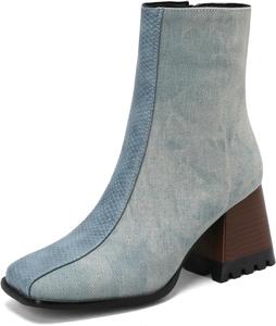 Женские ботильоны с квадратным носком и каблуком-блоком, модные ботинки для вечеринок с застежкой-молнией Shinelly, Blue