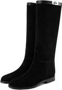 Женские классические сапоги YDN с круглым носком, ниже колена, на плоской подошве, для верховой езды, с застежкой-молнией и металлической пряжкой, широкие голенища, боевые и прогулочные сапоги, размеры 4-15 US, Black Suede