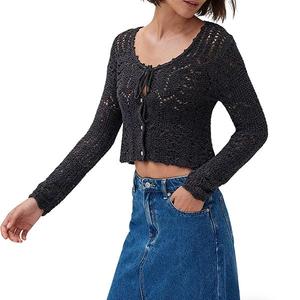 Женский кардиган с длинным рукавом, завязками спереди и вырезом Clearflower, Black