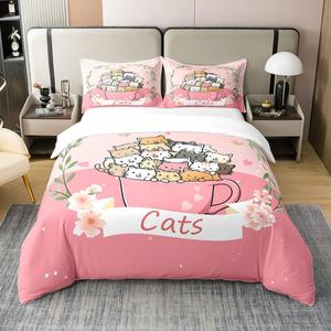Erosebridal Комплект постельного белья Cute Kawaii Cat из 100% органического хлопка с мультяшными котиками, венками и бабочками в романтичном розовом цвете, Pink Green Red