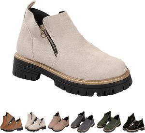 Женские ботильоны с закругленным носком и боковой молнией, осенние повседневные ортопедические ботинки из искусственной замши, женские короткие ботинки на массивном каблуке и платформе для ежедневной носки Generic, Beige