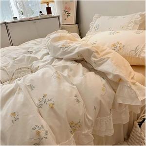 YUSIWOAL Комплект постельного белья хлопковый романтичный розово-фиолетовый цветочный с кружевной оборкой