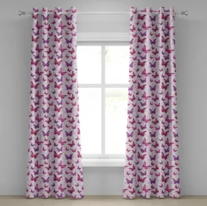 Фиолетовая штора на люверсах ABAKUHAUS, абстрактные бабочки на цветочном фоне - иллюстрация на тему женственности и романтики, декоративные двухпанельные шторы, 280 см x 245 см, бордово-фиолетовый, светло-розовый Abakuhaus
