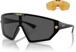 Солнцезащитные очки Versace VE4461 Shield для мужчин и женщин + БЕСПЛАТНАЯ ЗАПАСНАЯ накладная линза + КОМПЛЕКТ С АКСЕССУАРАМИ ДЛЯ ОЧКОВ, Black/Dark Grey Mirror Gold