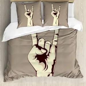 Пододеяльник ABAKUHAUS с рок-музыкой, винтажный стиль, с надписью Рок, защита от клещей, подходит для аллергиков, с наволочками, 155 см x 220 см - 80 x 80 см, серо-коричневый, цвета слоновой кости Abakuhaus