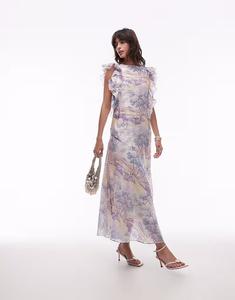 & Other Stories макси-платье с оборками по краю и глубоким вырезом на спине с винтажным пейзажным принтом
