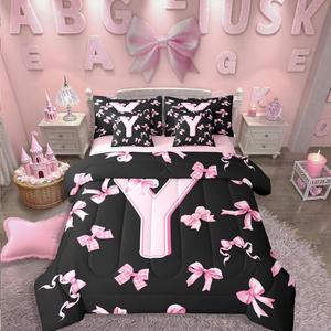 Erosebridal Комплект постельного белья Pink Bow для девочек в стиле кокет с бантами и принтом из букв Y, розовый и черный, Pink Black Y
