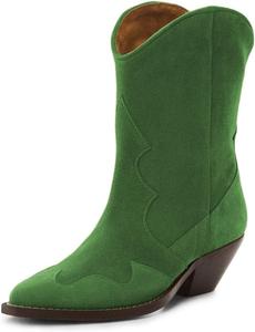 Женские винтажные ботильоны FOWT с заостренным носком и невысоким каблуком, ковбойского стиля, на голенище, удобные зимние ботинки, размер 4-16 US, Green
