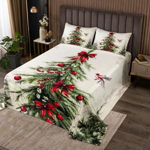 Erosebridal Рождественский комплект постельного белья с вышивкой красных кардиналов и ёлкой, Cream Red Green