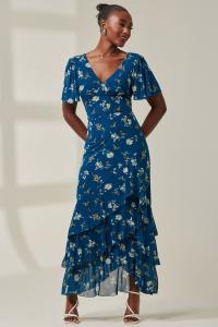 Платье макси с рукавами ангелами и многоуровневым подолом Jolie Moi, синий